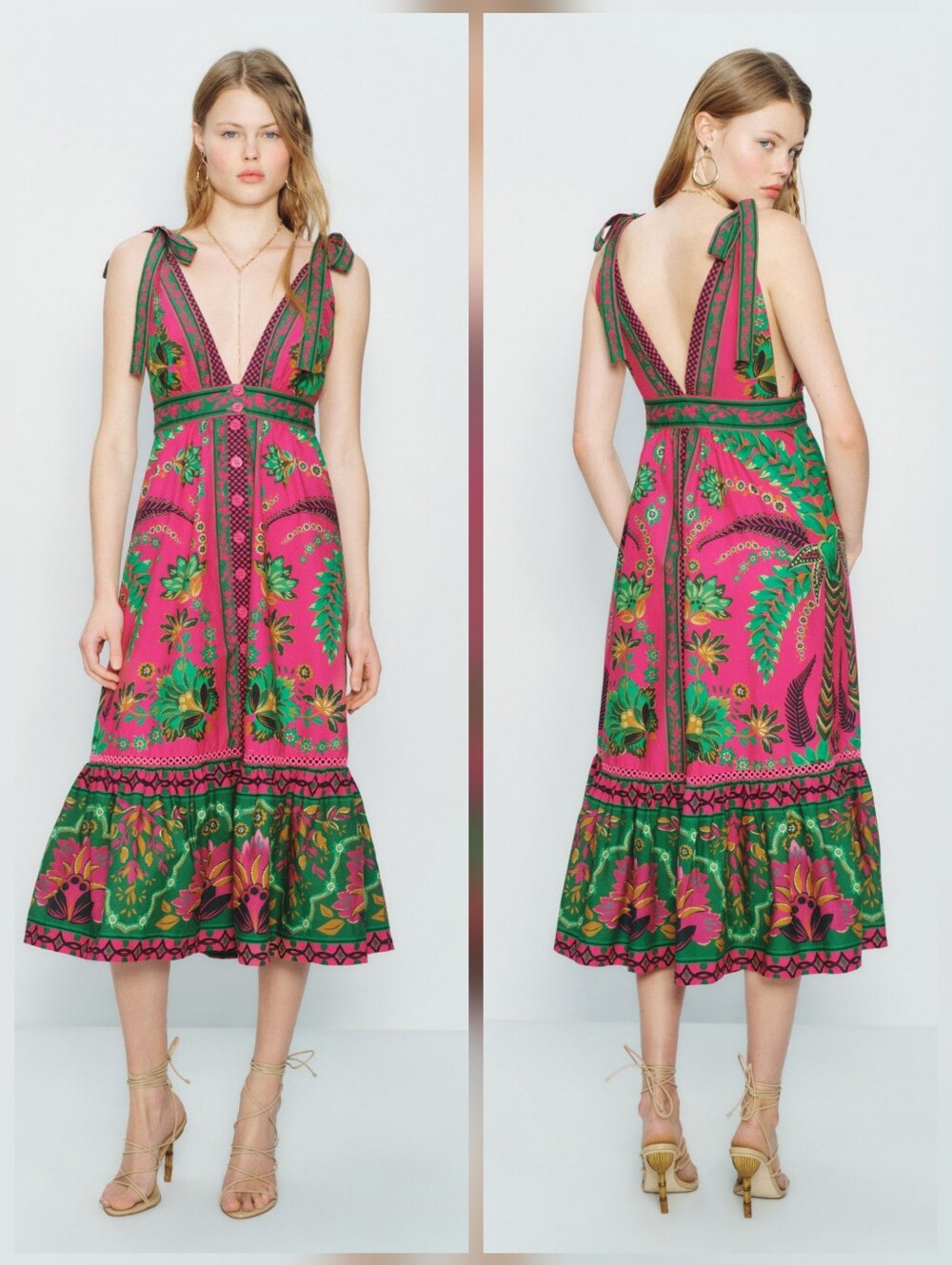 FARM Rio Ana Tapestry Pink Midi Dress V-Neck Sleeveless Size L